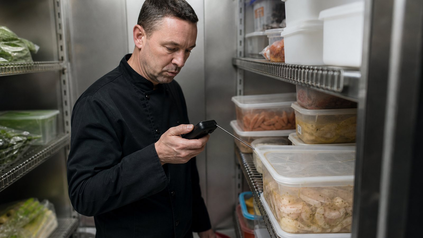 Produits rangés et étiquetés dans une chambre froide de restaurant