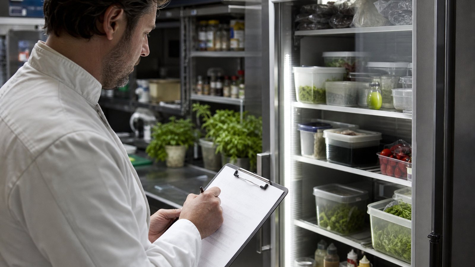 Responsable de cuisine formalisant son plan de maîtrise sanitaire sur un document