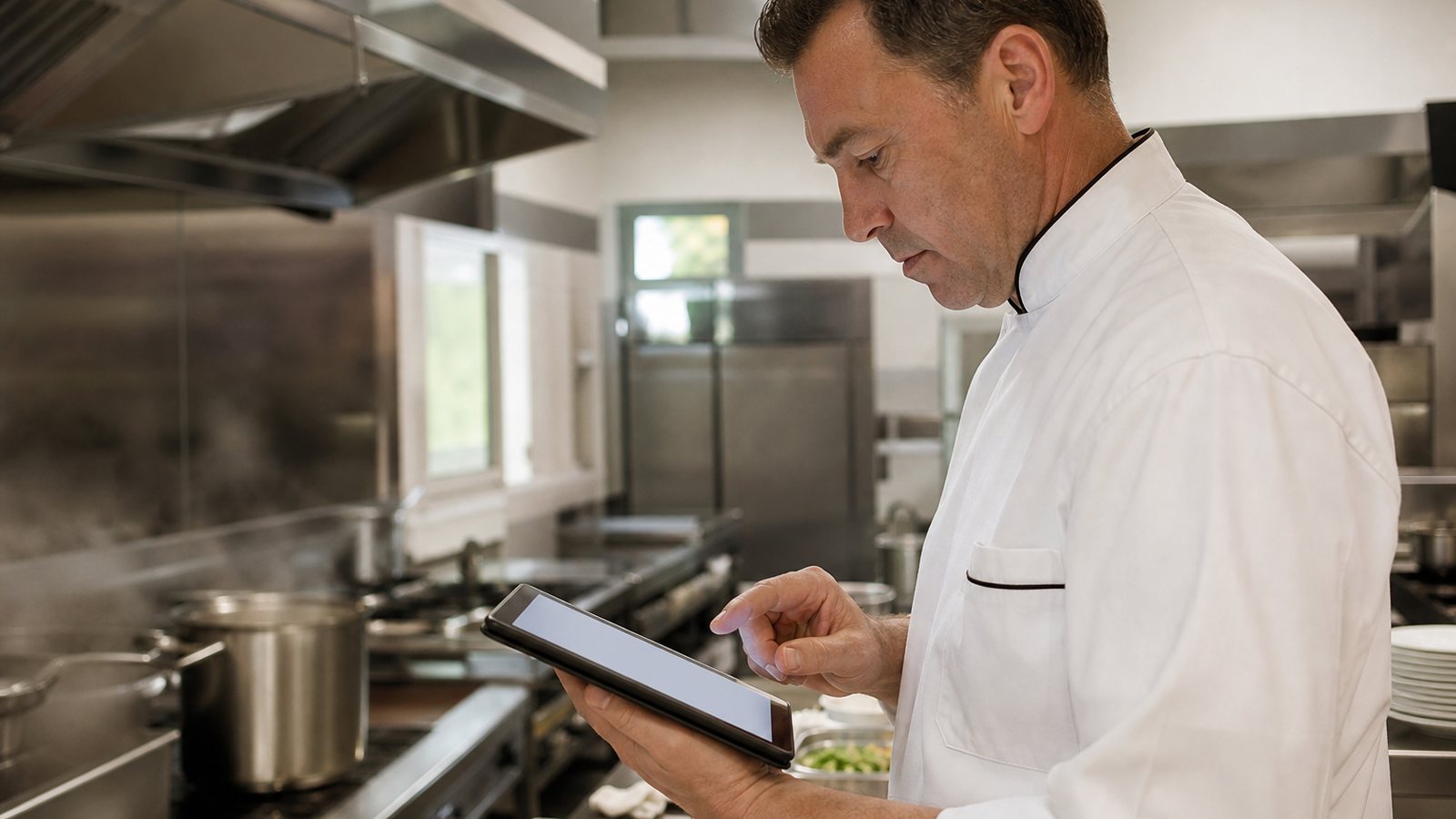 Chef saisissant un relevé de température sur une tablette en pleine cuisine