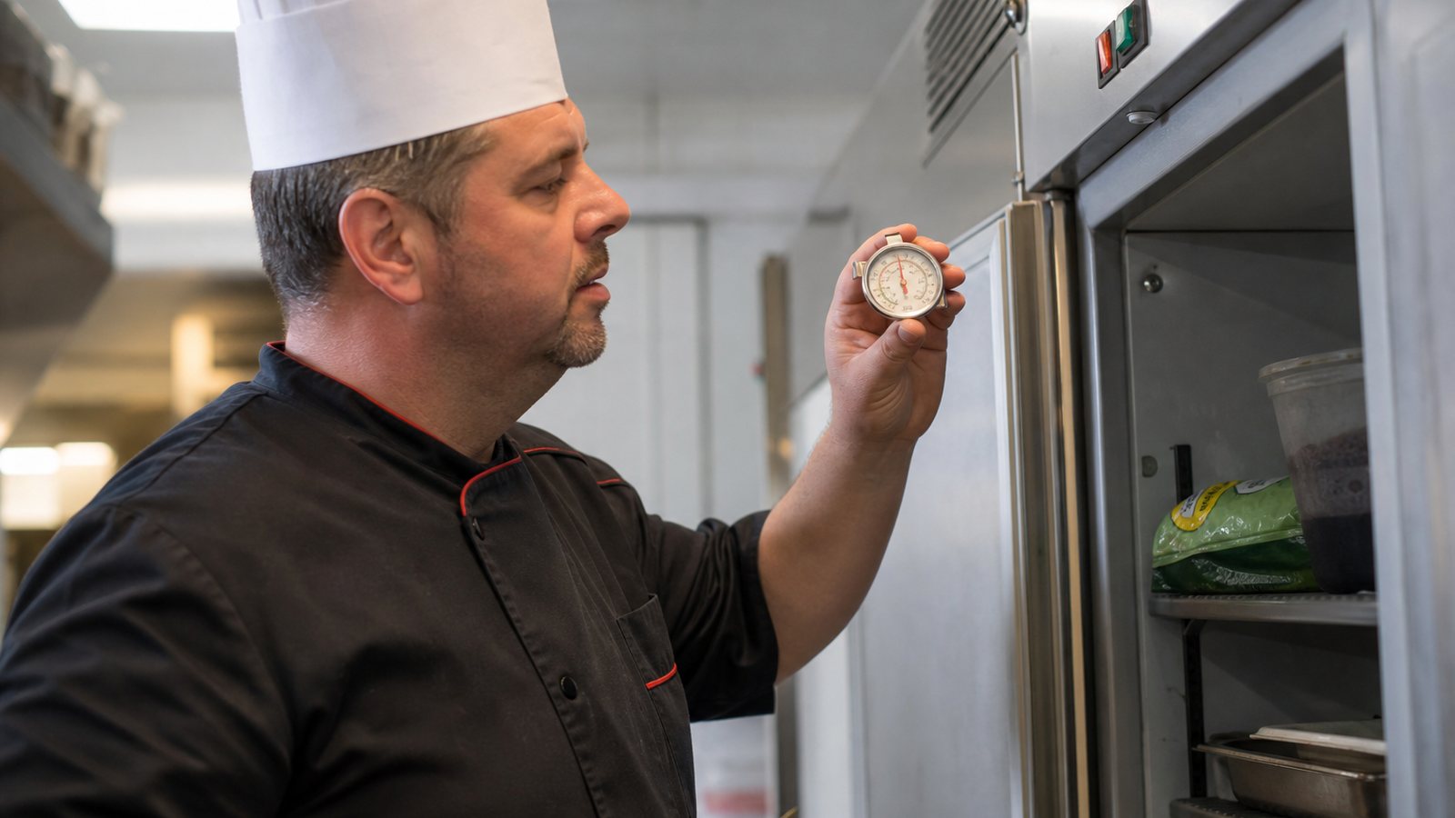 Cuisinier relevant la température d'une chambre froide sur un registre