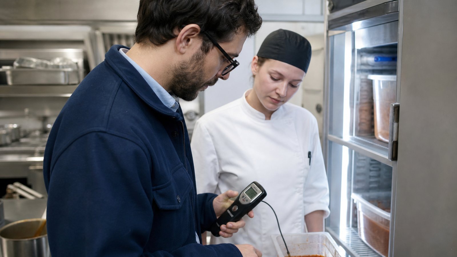 Inspecteur examinant la propreté d'une cuisine de restaurant lors d'un contrôle