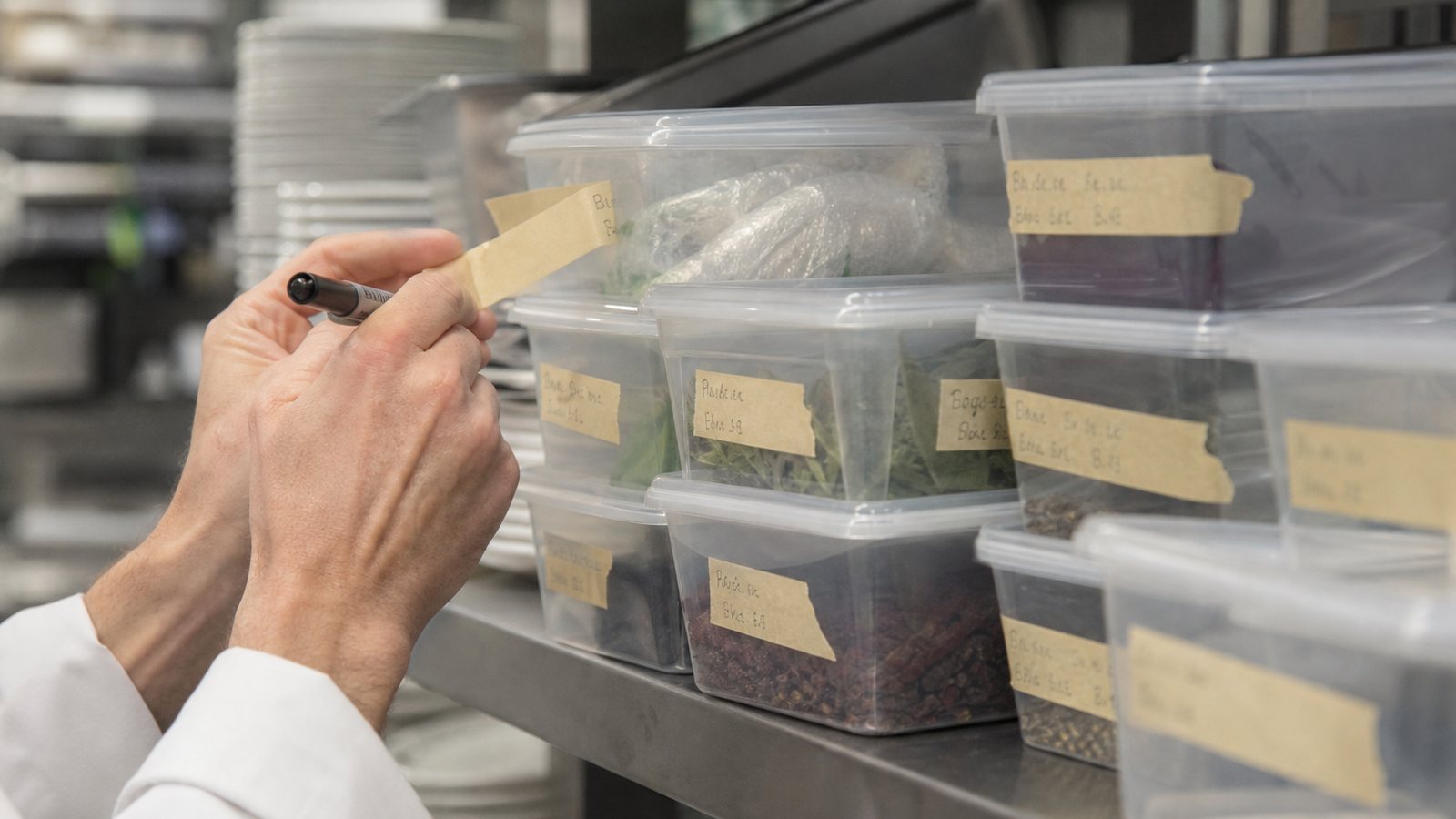 Contenants alimentaires étiquetés avec leurs dates limites dans une cuisine professionnelle