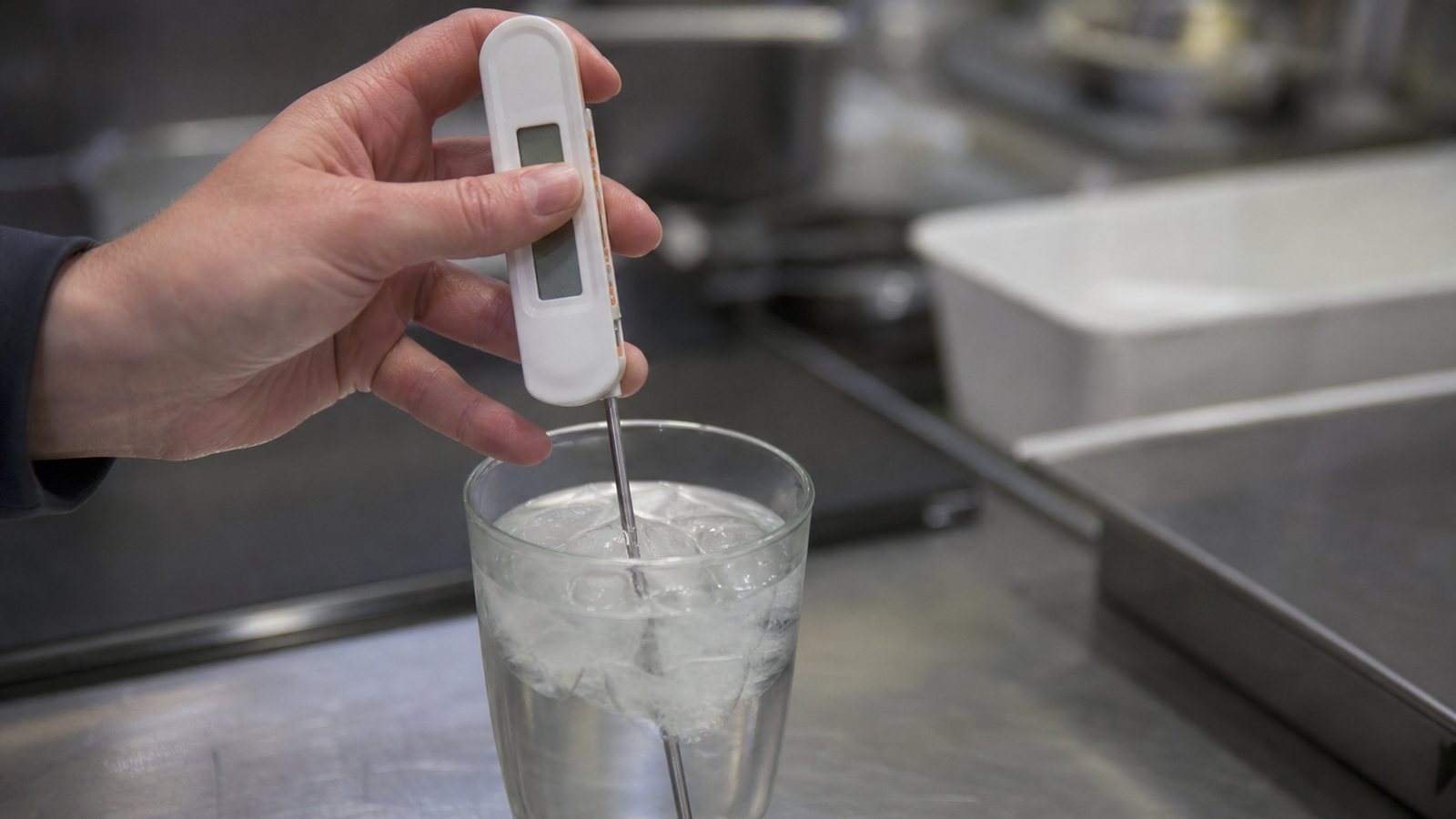 Cuisinier plongeant une sonde thermomètre dans un verre de glace pour vérifier sa justesse